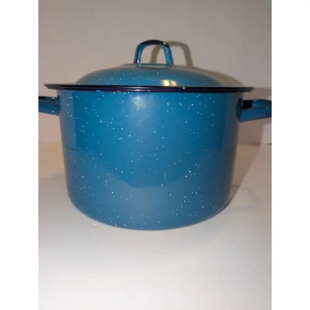 Vintage BLUE Speckled Enamelware Large Stock Pot Domed Lid Perfect For Camping